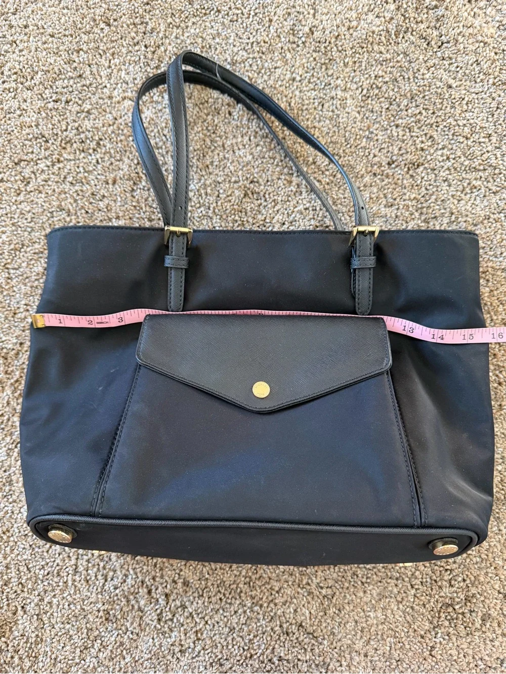 MICHAEL MICHAEL KORS Large Jet Set  Black Leather Snap Pocket Nylon Tote Bag
